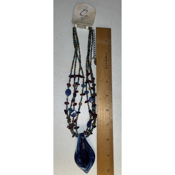 Vintage CG Necklace Stunning Blue Glass Pendant Multi Strand Beads Boho Artsy - Picture 3 of 8